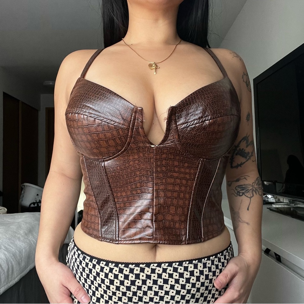 Say What Women's Faux Leather Brown cropped bustier size Medium
